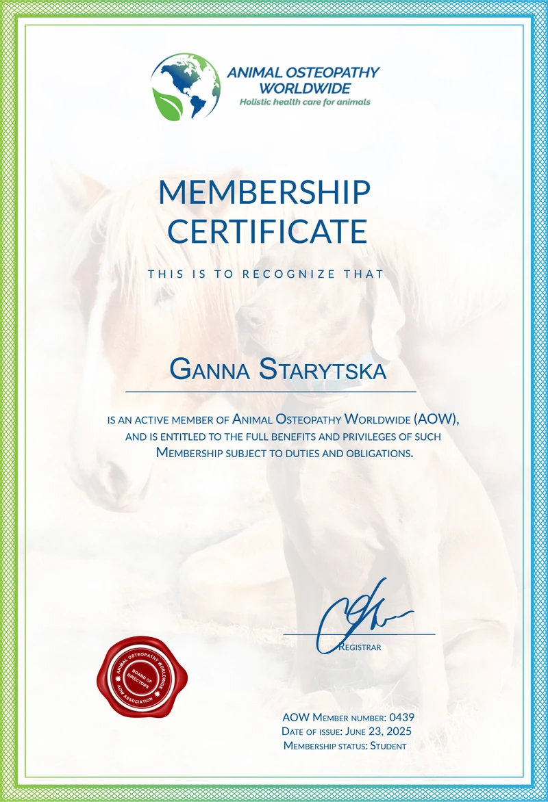 Animal Osteopathy Worldwide Membership Certificate #0439