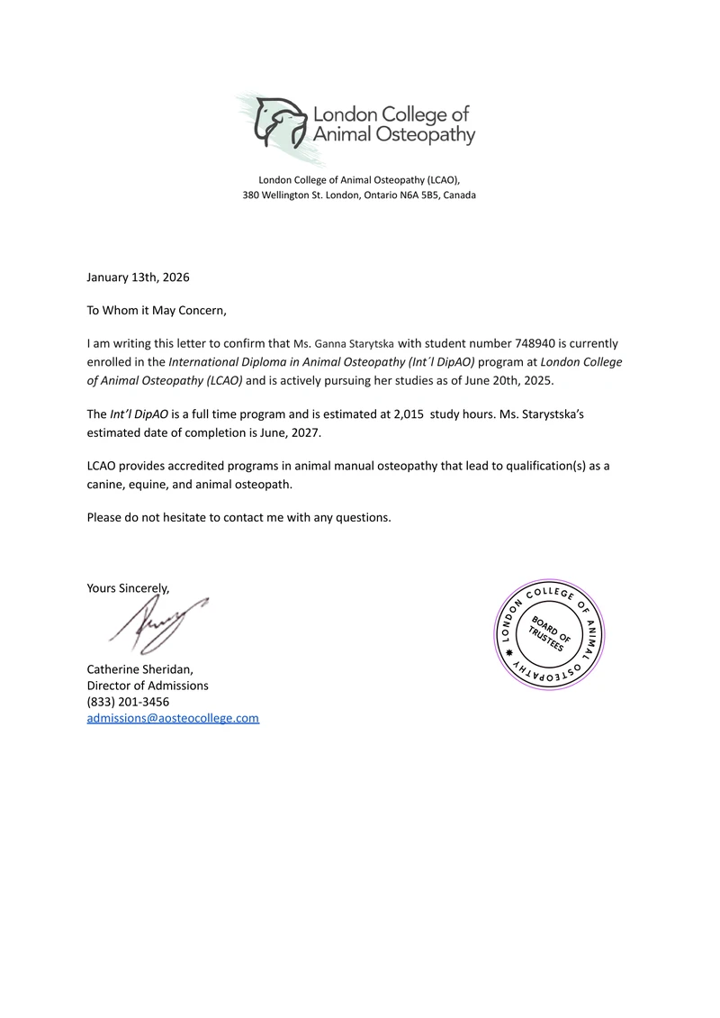 LCAO International Diploma in Animal Osteopathy 2015 hours